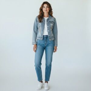 Chico's Platinum Denim Jacket Sz 1 Fits 8/10 Embroidered Rhinestone Light Wash